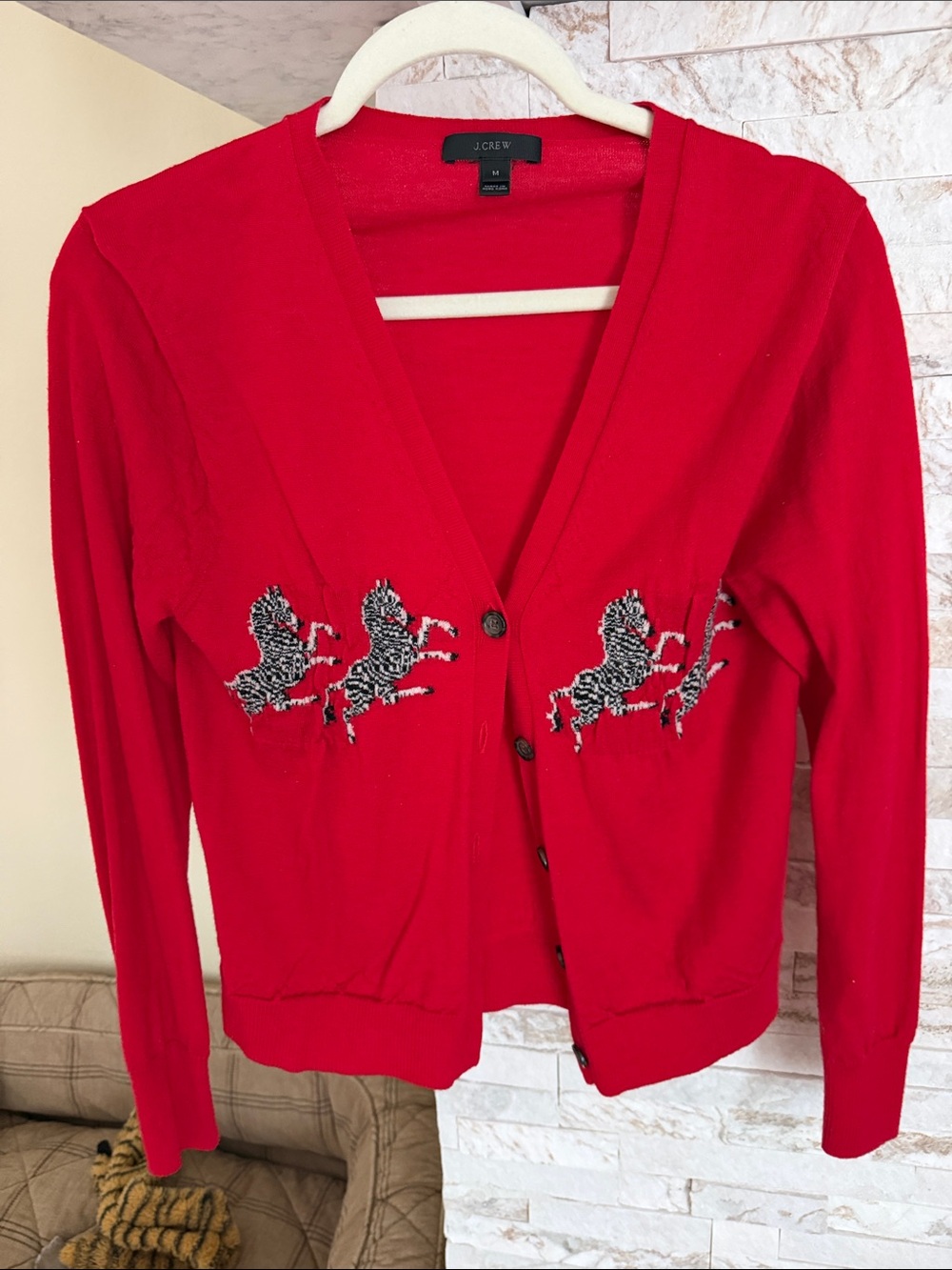 J. Crew Bright Red V-Neck Cardigan with Embroidered Zebra Motifs